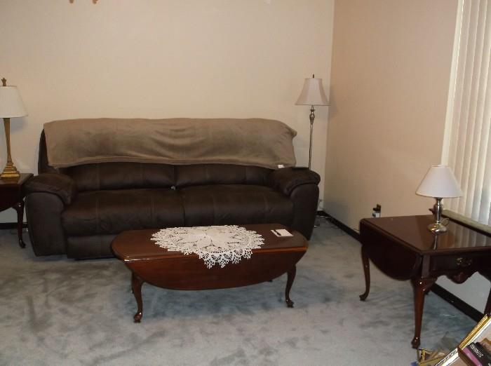 Reclining couch and drop leaf coffee table and side table