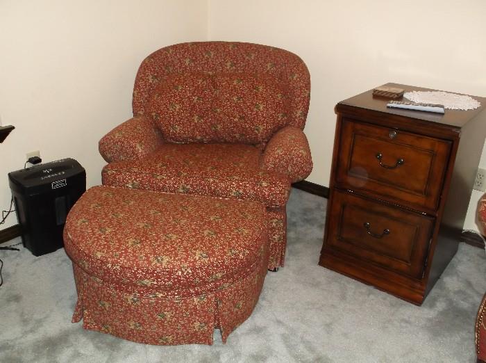 Arm chair with ottoman and wooden file cabinet