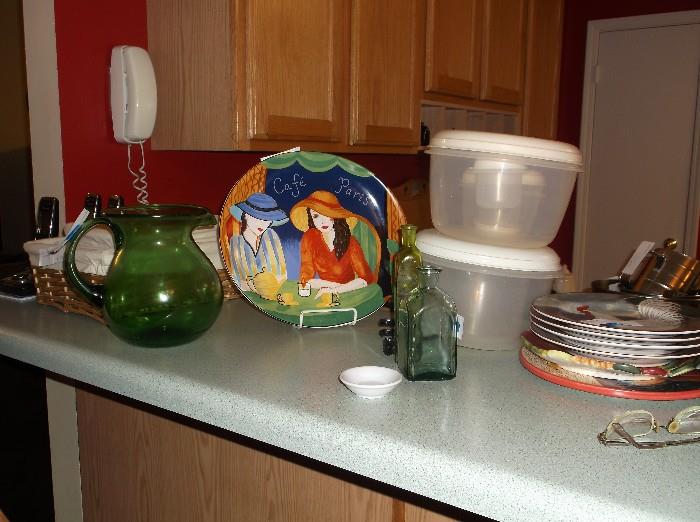 Hand blown vase and decorative plates and bottles