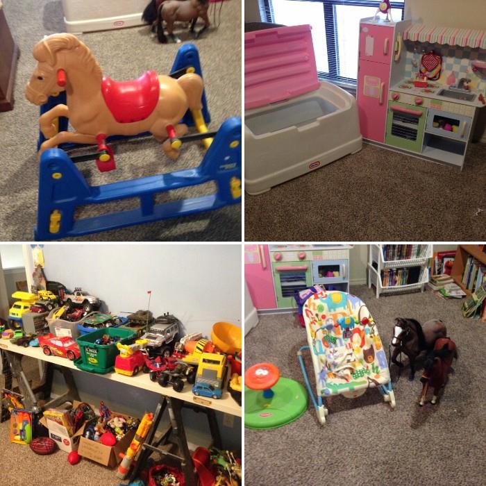 Children's toys: Action figures, cars, building blocks, dolls, Barbie's, electronic games, toy boxes