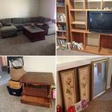 Large sectional sofa, Solid wood Entertainment Center, end table, glass top coffee table, framed art, movies, books