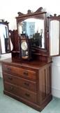 ANTIQUE 3-DRAWER CHEST W/ BEVELED MIRRORS and VINTAGE CLOCK