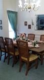 VINTAGE CONTEMPORARY DINING TABLE WITH 2 LEAVES & 6 CANE-BACK CHAIRS set with "Precious" Dinnerware