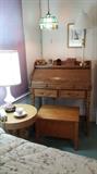 VINTAGE ROLL-TOP DESK W/ BENCH SEAT (opens for storage); BLONDE TABLE (goes with bedroom set)