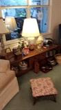 VINTAGE COFFEE TABLE W/ 2 DOORS, WHITE STUFFED SWIVEL CHAIR, LAMPS