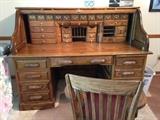 BEAUTIFUL oak roll-top desk with vintage leather-seat chair