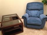One of two recliners and coffee table