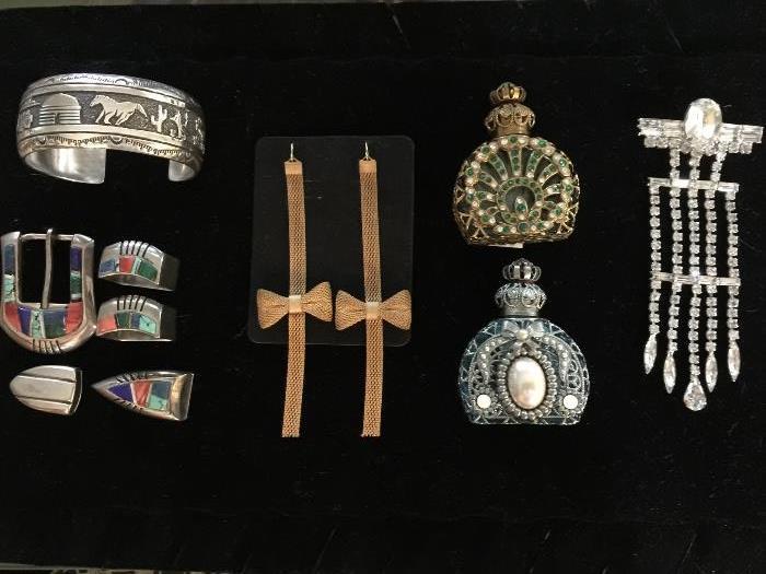 Navajo Sterling Silver Cuff and Sterling Silver Inlay Belt Buckle, Gold Mesh Earings, Perfume Bottles, Weiss Broach