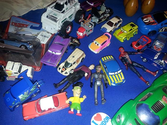 Toy cars and action hero figures