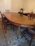 Vintage dining table by Royal Furniture of Grand Rapids, six matching chairs, matching server; Tabriz rug