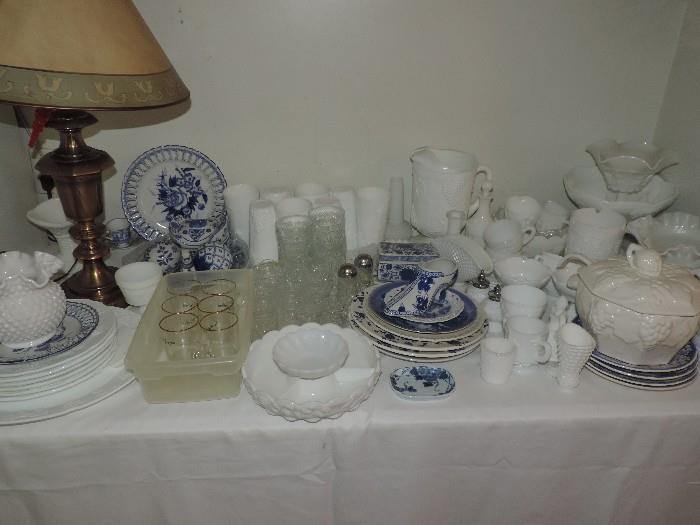 Milk Glass and Blue and White Dishes