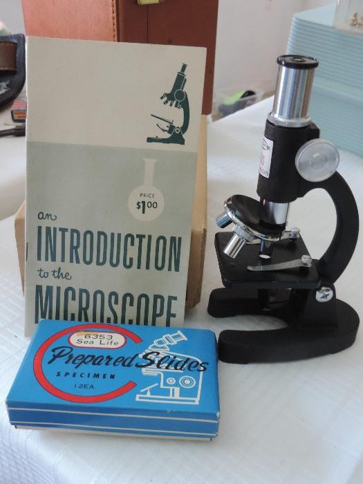 Vintage Microscope with Slides and Book