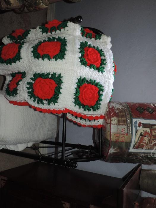 White Afghan with Red Roses (Hand Made)