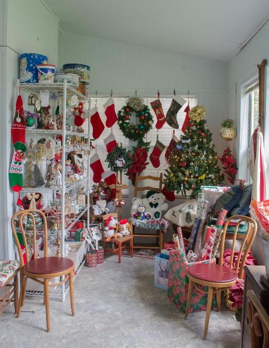 Christmas in July! Stop by and browse this lovely collection of Christmas decor. Fully decorated tree, vintage/handmade tree skirt, beautiful ornaments, stockings, card holder ... from decorating to gift giving to wrapping ... it's all here.