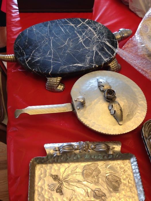  hammered aluminum & marble top turtle cheese board  