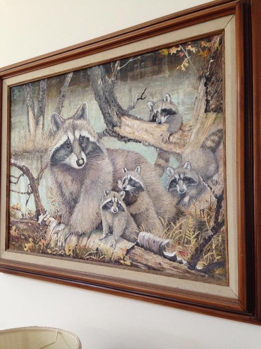Raccoon oil painting signed by artist (who only has 1 arm)