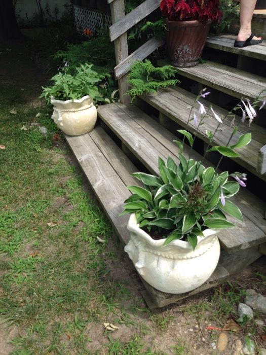 There are many floral planters and potted plants for sale on the deck