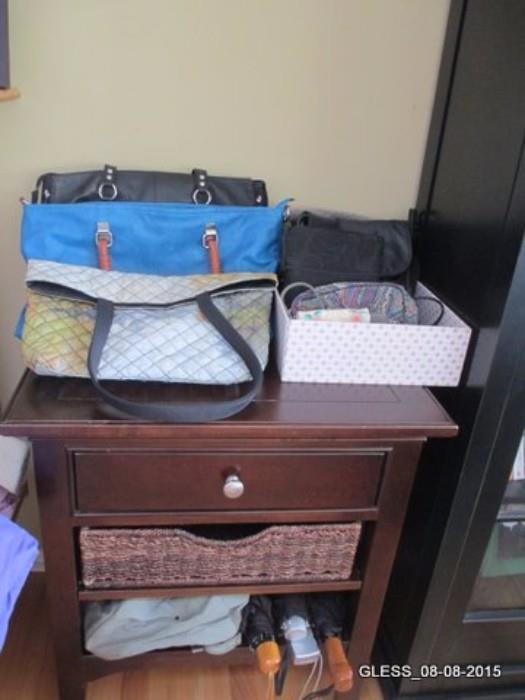 Purses, BackPack, Umbrellas. End Table/ Night Stand