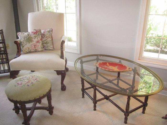 Occasional chair, rattan table, needle point footstool