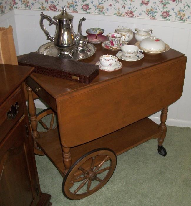 Solid Maple Wood Drop Leaf Tea Cart, Silver Tea Pot and Collectible Cups and Saucers