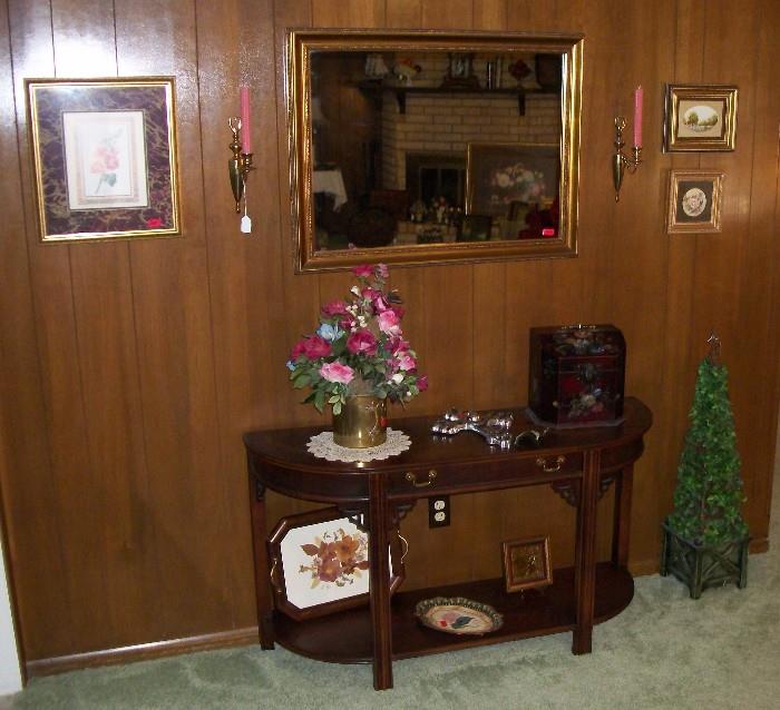 Side / Entryway Table, Formal Mirror and Decorative Items