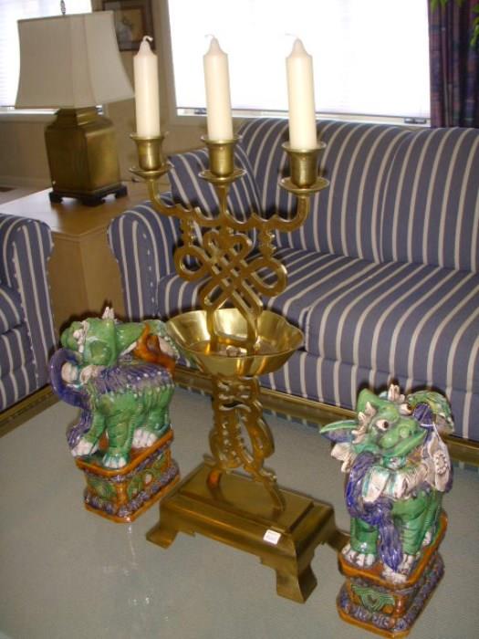 Pair of Foo dogs, and Brass candelabrum