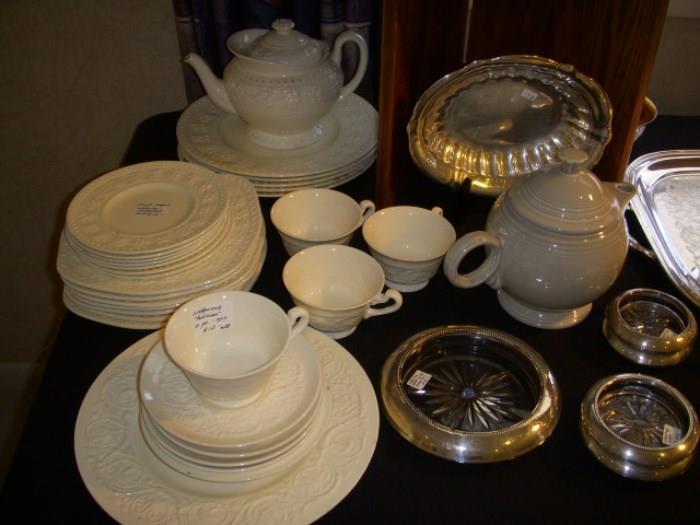 Wedgwood queensware, Fiesta teapot, Sterling rim coasters
