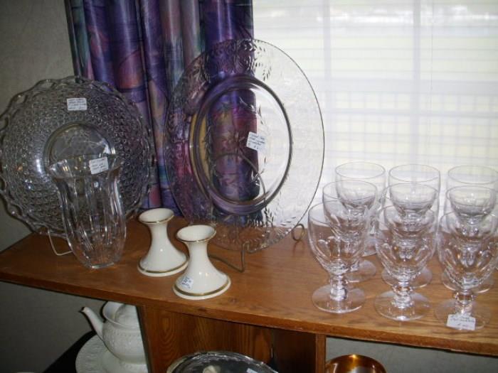 Lenox candlesticks (one with chip), and assorted glassware