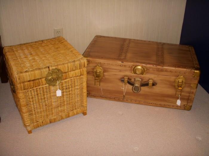 Wicker hamper/box and older trunk that's been painted