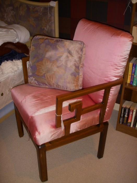 Baker armchair, ready to be reupholstered as the silk upholstery has seen better days!