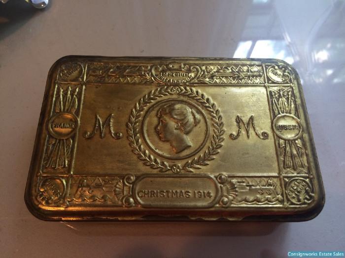 Original 1914 Christmas gift sent to British troops during WWI. Contents: Card in envelope, picture of Princess Mary, pack of cigarettes and pack of tobacco - all untouched. 