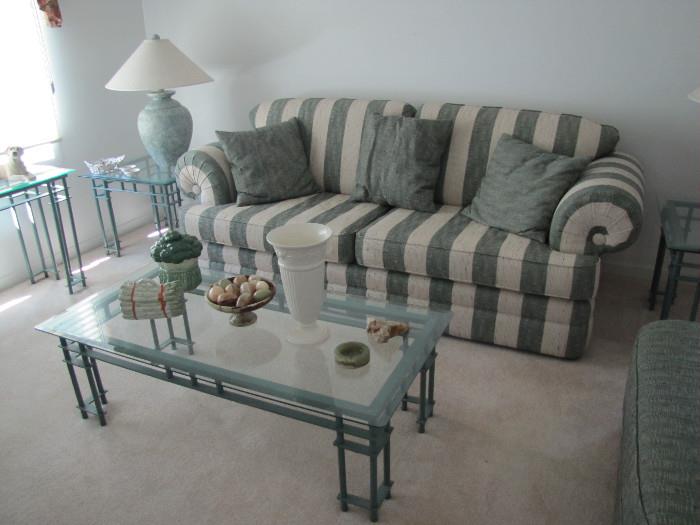 Lazy Boy Sofa, beveled glass top and metal art sofa table, coffee table and two end tables