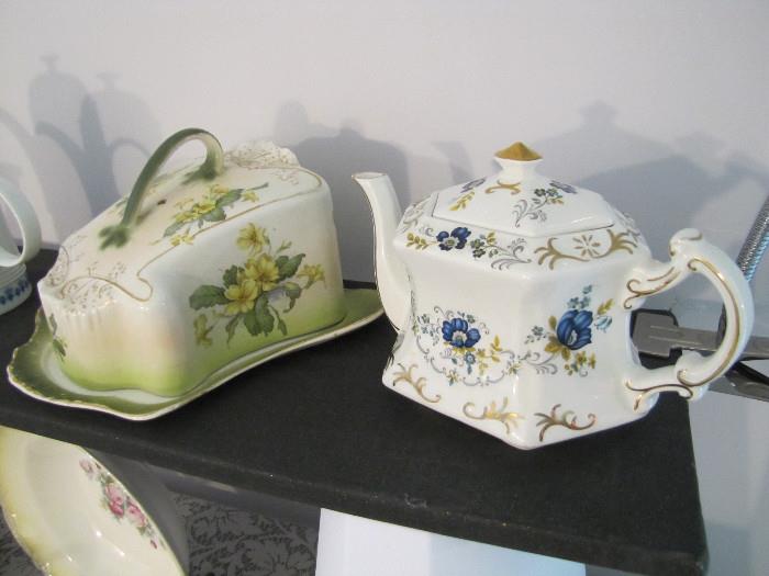 Stoke on Trent covered cheese keeper, and an English teapot
