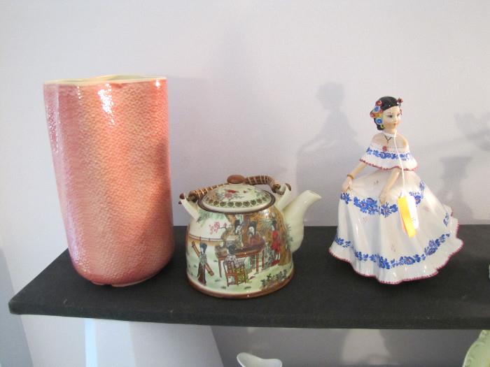 Rissole teapot, Girardi figurine, and the Shawnee vase