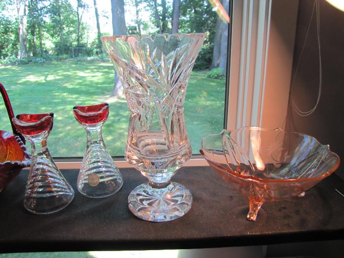 Gorgeous cut glass vase, German Crystal candlesticks, and pink depression glass
