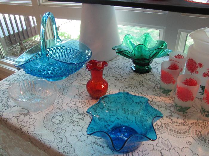 Crackle glass bowl and vase, green crimped glass bowl, aqua diamond pattern  basket