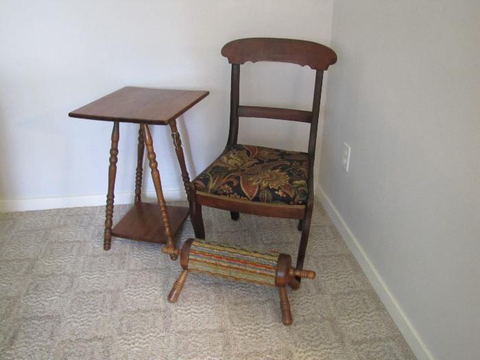 Tiger Oak hall table, antique foot rest, and vintage chair