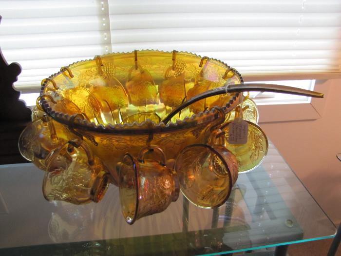 Carnival glass punchbowl set