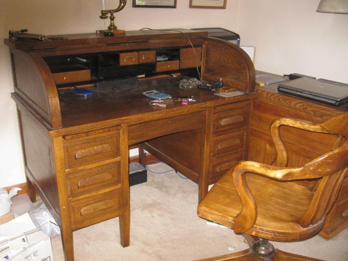 Oak roll top desk, oak office chair