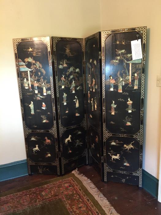 Superb Chinese Coromandel Screen inlaid with hardstones & ivory, signed on back. Great history.