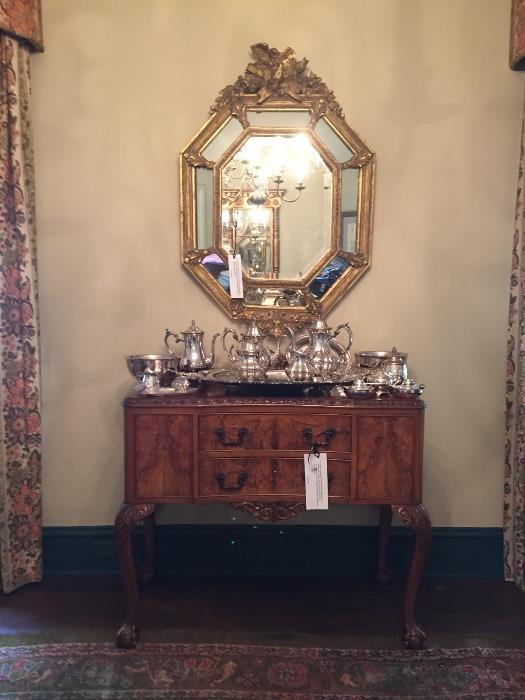 Wonderful burl walnut server; fine 19th century French gilt mirror.  Attractive silver.