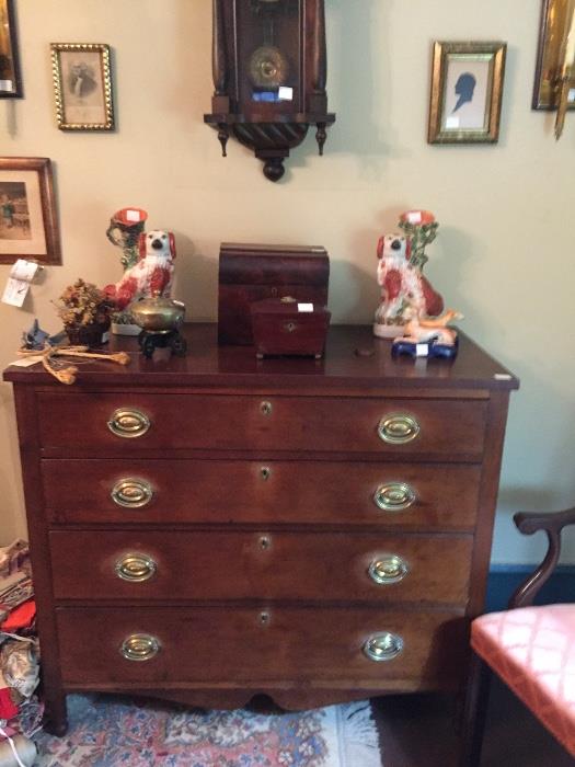 Rare New England Federal cherry chest, original brasses.  Fine antique boxes and Staffordshire.