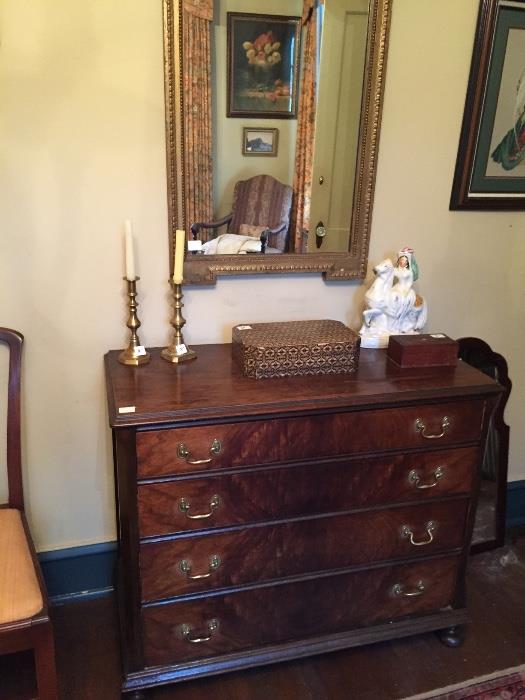 Burl walnut Wm. & Mary chest with good French mirror above.  Note boxes.
