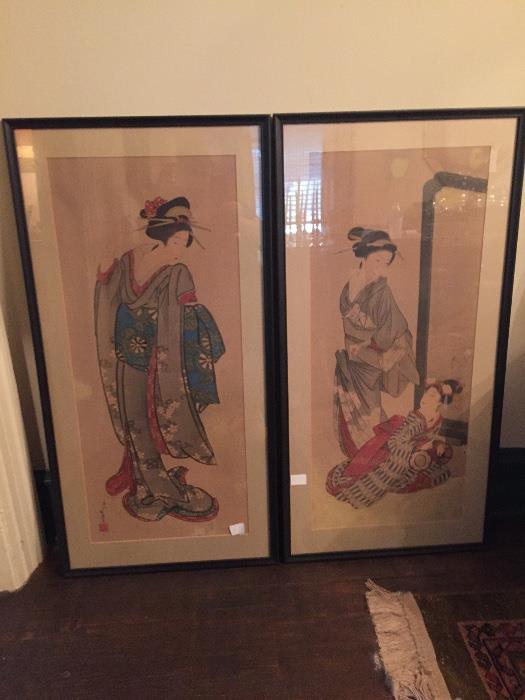 Pair fine large antique Japanese paintings.