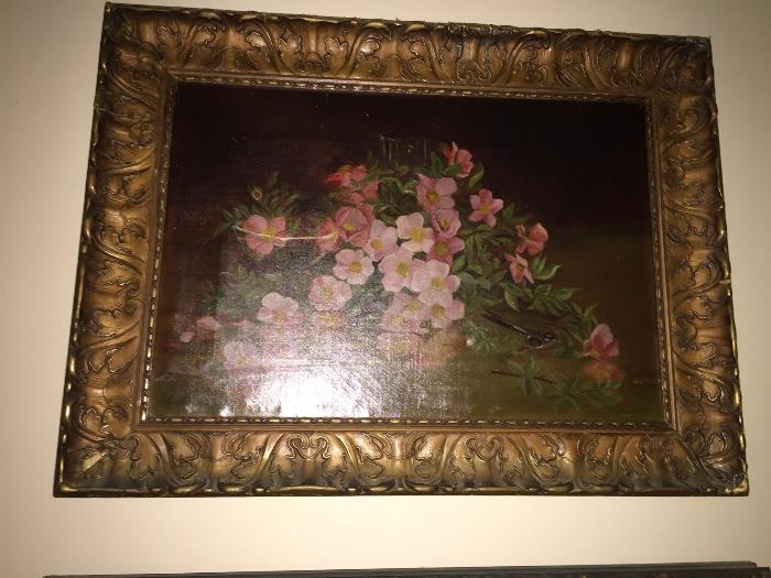Early American still life oil-on-canvas painting of flowers - apparently original gilt frame.