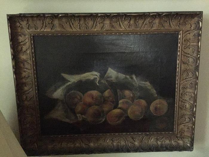 Still life painting of fruit,  pair with the foregoing flower painting with matching frame. Oil on Canvas.