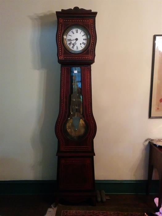 Highly unusual early 19th century French long-case Clock.  Case is grain-painted, with gilt lines,  and works are original.