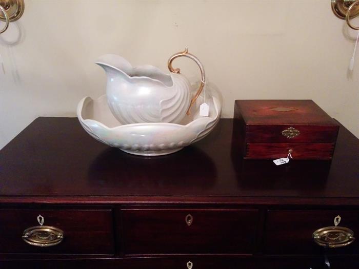 Stunning English luster shell-form bowl and pitcher, marked.  Another antique box beside.