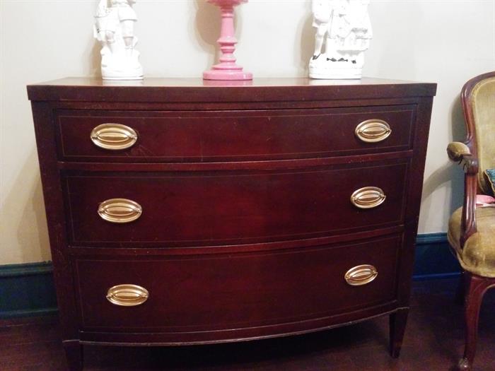 Mahogany chest of drawers, 1950's, with good French chair beside.
