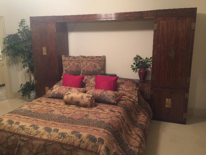 Henredon King size lighted headboard/pier cabinet unit.  Show with queen size mattress and boxsprings